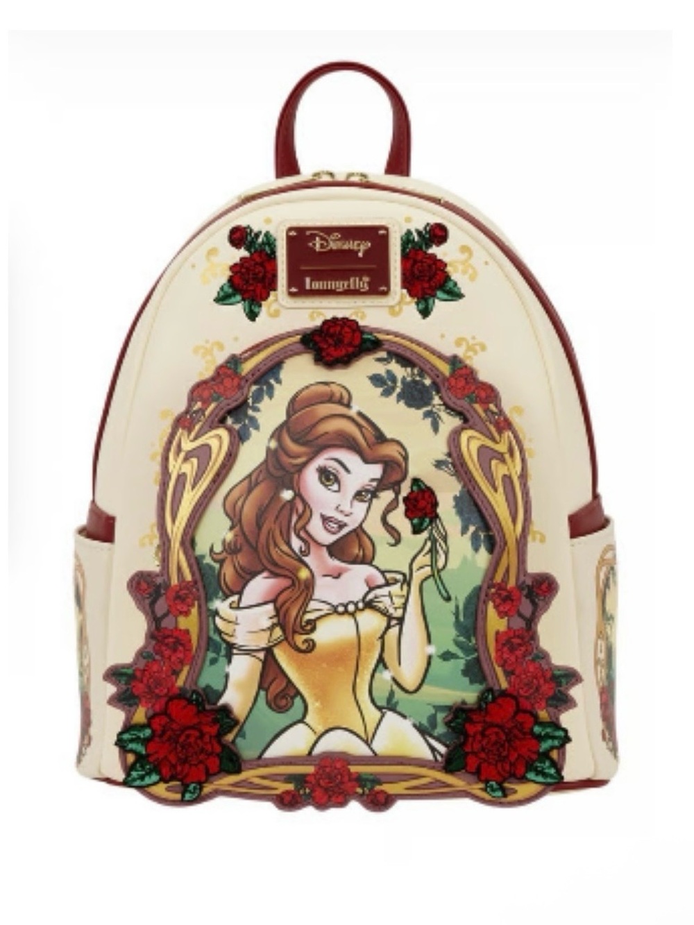 Loungefly Belle Floral Mini Backpack - Cream, Red & Gold